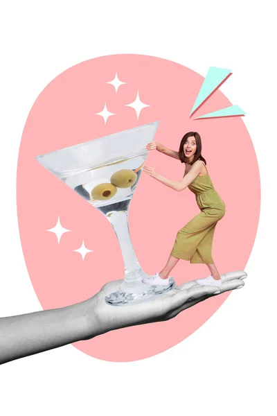 Vertikal Collage Konstverk Affisch Ung Kvinna Enorm Hand Tryck Vermouth — Stockfoto