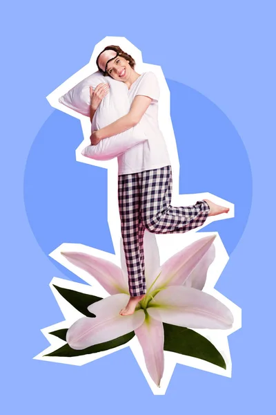 Vertical Collage Photo Cheerful Smiling Girl Wear Pajama Nightwear Hugs — Stock Photo, Image