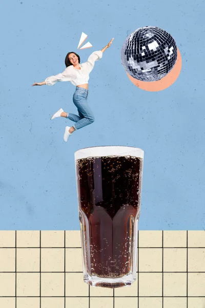 Vertical Collage Photo Carefree Young Girl Jumping Active Overjoyed Soda — Stock Photo, Image