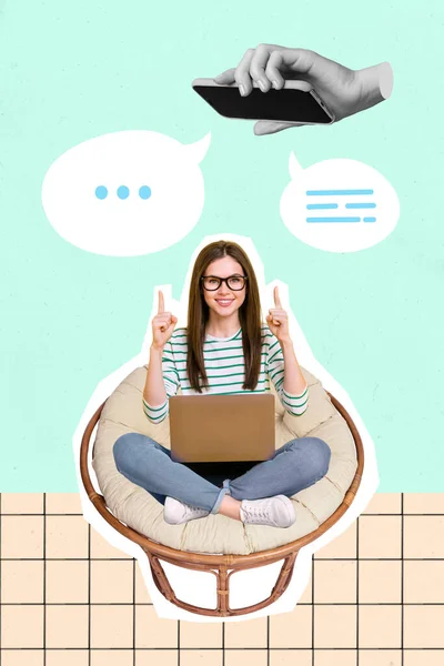 Vertical Creative Collage Photo Beautiful Girl Sitting Armchair Laptop Addicted — Stock Photo, Image