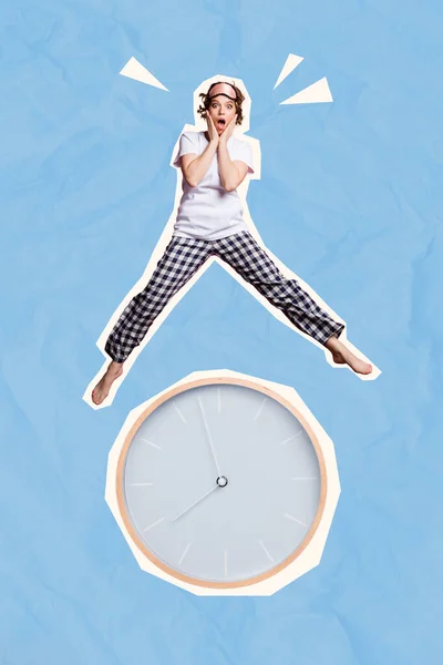 Vertical Collage Design Photo Young Dissatisfied Funny Woman Unhappy Jump — Stock Photo, Image