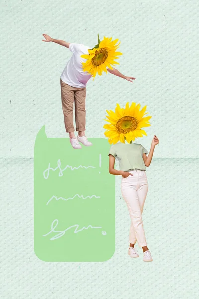 Vertikale Collage Bild Von Zwei Mini Menschen Sonnenblume Statt Kopf — Stockfoto
