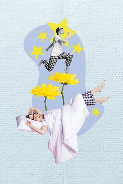 和平睡梦中女孩舒服枕头毯子的垂直拼贴图像跳跃星星黄色花朵在创造性的背景下被隔离 — 图库照片