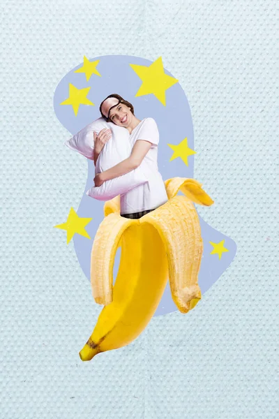 Imagem Abstrata Vertical Mini Menina Funky Positivo Dentro Banana Fruta — Fotografia de Stock