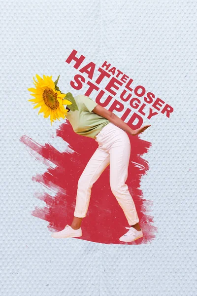 Vertical collage image of girl arms hold carry huge hate words weight loser ugly stupid sunflower instead head isolated on creative background.