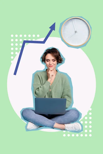 Vertical collage of thoughtful minded time manager girl touch chin read laptop info organize arrangement schedule busy isolated on green background.