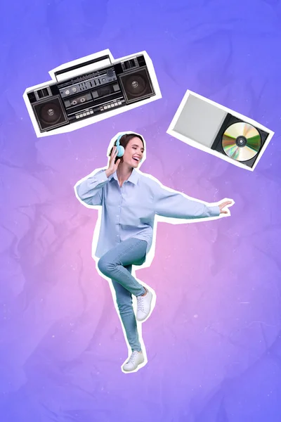 Vertikale Collage Von Überglücklichen Hipster Mädchen Tanzen Musik Hören Audio — Stockfoto