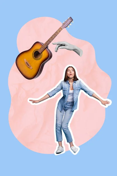 Vertikale Collage Foto Der Unbeschwerten Frau Tragen Jeans Hipster Outfit — Stockfoto