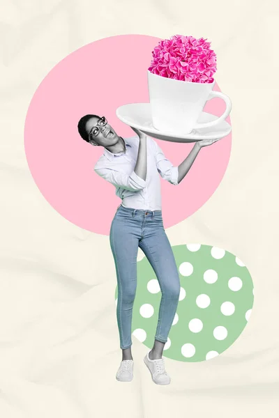 Plantilla Collage Creativo Vertical Mujer Excitada Positiva Delgada Joven Sosteniendo —  Fotos de Stock