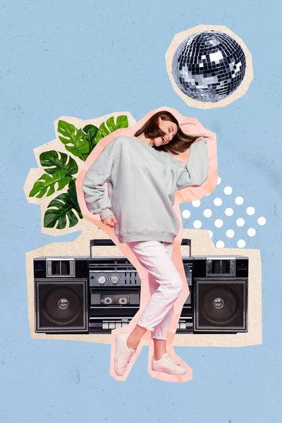 Composite Photo Collage Artwork Youngster Hipster Lady Feel Lightness Listen — Stock Photo, Image