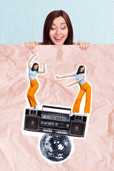 Vertical Absurd Collage Photo Picture Poster Joyful Lady Wall Watching — Stock Photo, Image