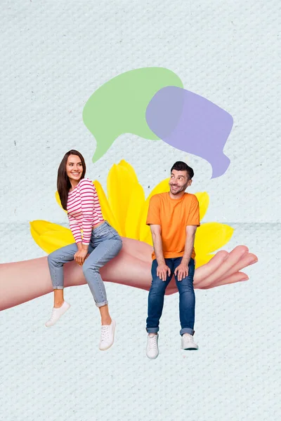 Vertical collage image of big arm palm hold two mini people sitting chatting dialogue bubble yellow flower isolated on painted background.