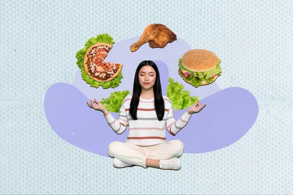 Collage Créatif Image Fille Calme Méditer Penser Pizza Burger Poulet — Photo