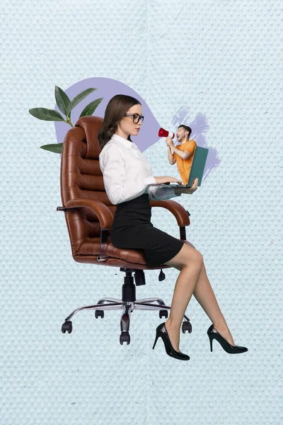 Vertikal Collage Bild Elegant Business Lady Sitta Läder Stol Använda — Stockfoto