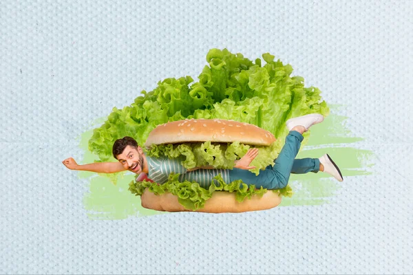 Kreative Collage Bild Von Überglücklichen Mini Kerl Burger Heben Faust — Stockfoto