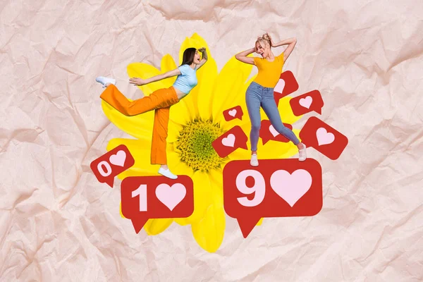 2人の肯定的なファンキーなミニ女の子の創造的なコラージュ写真ダンススタンドのような巨大な通知FacebookのInstagramのTiktok黄色の花 — ストック写真