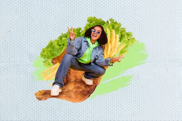 Kreative Collage Bild Von Mini Positive Mädchen Zeigen Zeichen Sitzen — Stockfoto