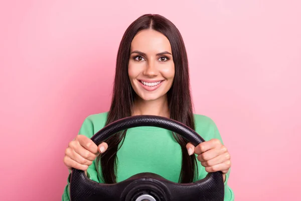 Portrait Cheerful Person Long Hairstyle Wear Green Pullover Holding Steering — Stock Photo, Image