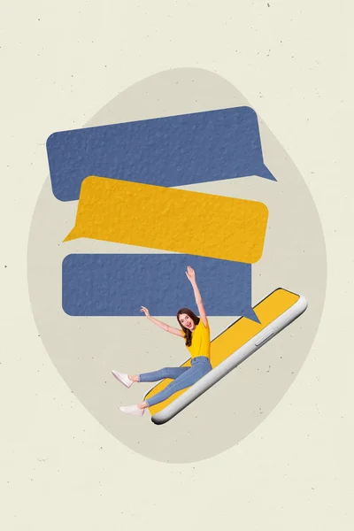 Kolase Foto Vertikal Dari Gadis Muda Yang Funky Sliding Smartphone — Stok Foto