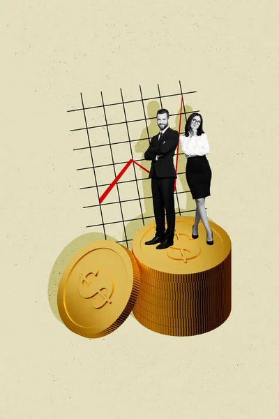 Poster banner trend collage of two little business people standing money stock investing income concept.