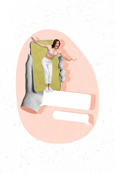 Verticale Collage Beeld Van Arm Houden Smartphone Scherm Mini Opgewonden — Stockfoto