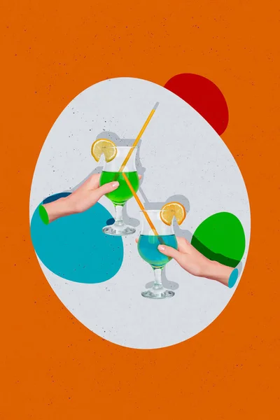 Stock image Vertical collage picture of two arms hold alcohol cocktail glass clink isolated on painted orange background.