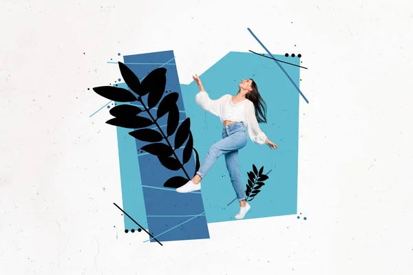 积极的迷你女孩的创意拼贴肖像喜欢在白色背景上孤立的植物叶子上跳舞 — 图库照片