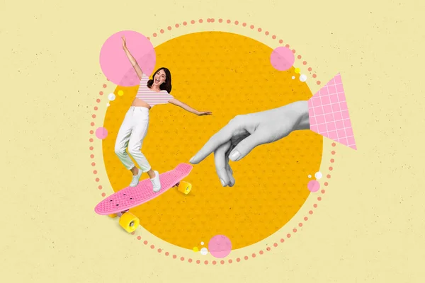 黒の白い色の複合コラージュ写真腕の指タッチプッシュミニ喜びの女の子に乗るスケートボードは 塗装の背景に隔離された — ストック写真