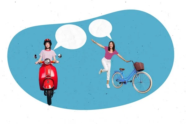 两个女孩互相对话的照片拼贴信息骑复古摩托车在蓝色背景的公路上是安全的 — 图库照片