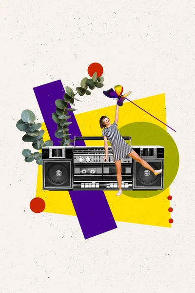 Collage Vertical Image Excité Joyeux Mini Gigrl Main Dansante Tenir — Photo