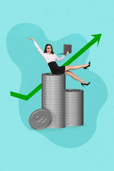 Collage Tendencia Creativa Señora Economista Feliz Sentado Pila Dinero Desarrollo —  Fotos de Stock