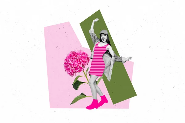 创意图片海报拼贴时髦的年轻嬉皮士女士享受8大游行庆祝活动 — 图库照片
