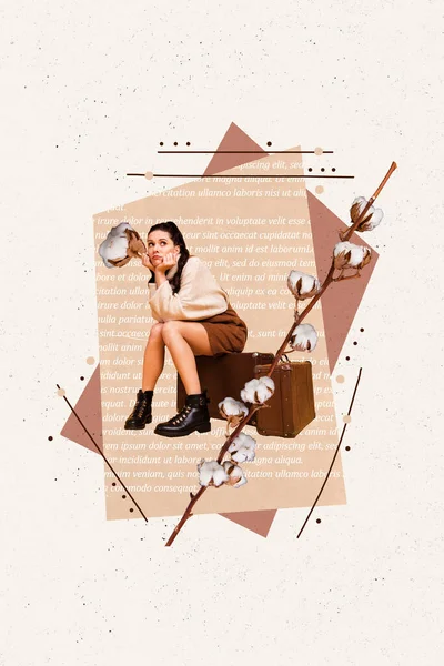 Creatief Beeld Tekening Collage Van Toeristische Jonge Dame Zitten Bagage — Stockfoto