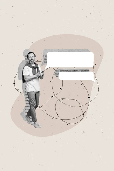 Pionowy Kolaż Obraz Pozytywny Czarny Biały Kolory Człowiek Używać Smartfona — Zdjęcie stockowe