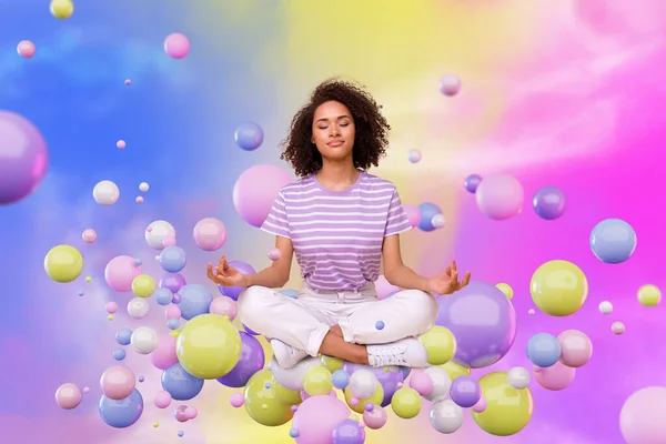 Creatieve Collage Beeld Van Vreedzame Meisje Mediteren Zwevende Kleurrijke Bellen — Stockfoto