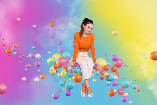 Samengestelde Collage Beeld Van Positieve Vrolijke Meisje Zitten Kleurrijke Vliegende — Stockfoto