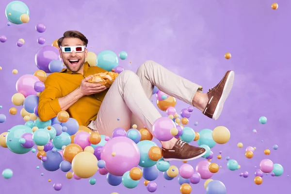Collage Portret Van Verbaasd Dolblij Man Drijvende Kleurrijke Bubbels Houden — Stockfoto
