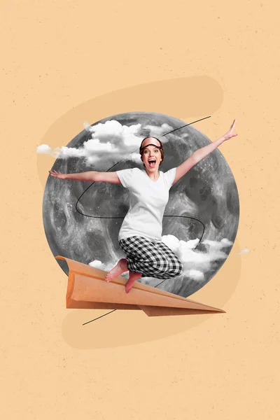 Collage Artwork Graphics Picture Excited Funky Lady Flying Moon Paper — Stock Photo, Image