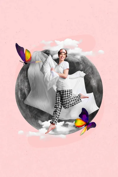 Créatif Rétro Magazine Collage Image Dame Excitée Attraper Rêve Papillons — Photo