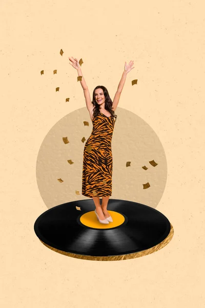 Creative Template Collage Beautiful Pop Star Lady Enjoying Dance Singing — Stock Photo, Image