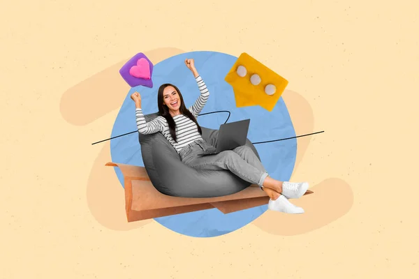 Creative Collage Image Delighted Happy Mini Girl Sit Bean Bag — Stock Photo, Image