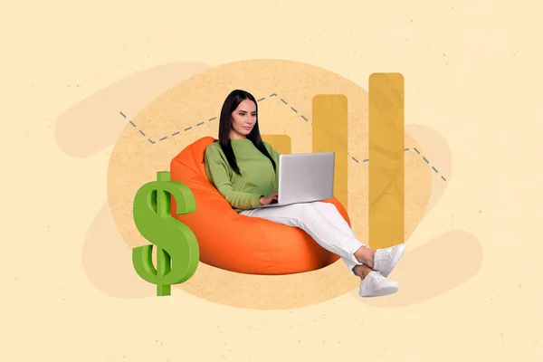 Beanのバッグチェアに座っているビジネス女性の創造的なイメージテンプレートのコラージュ会社の財務増加の書き込みチャートを分析 — ストック写真
