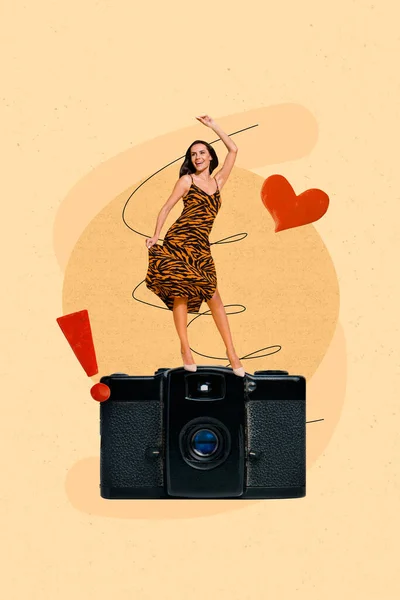 创意杂志海报拼贴美丽的年轻女子在迪斯科舞厅跳舞担任摄影师 — 图库照片