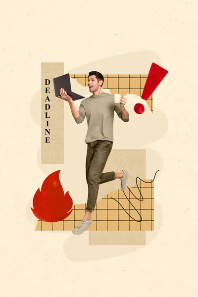 Verticale Collage Beeld Van Gekke Man Houden Gebruik Netbook Koffie — Stockfoto