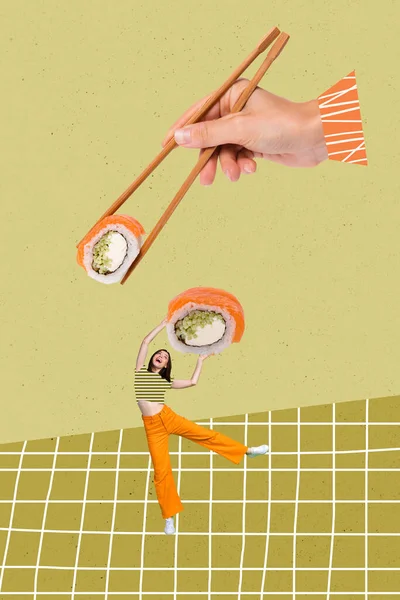 Vertikal Konstverk Collage Bild Arm Fingrar Hålla Ätpinnar Sushi Rulle — Stockfoto