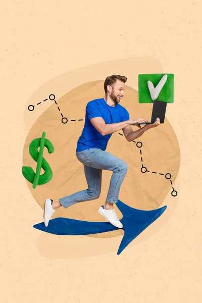 Vertical collage portrait of excited guy run big arrow pointer indicator use netbook earn money online check mark isolated on beige background.