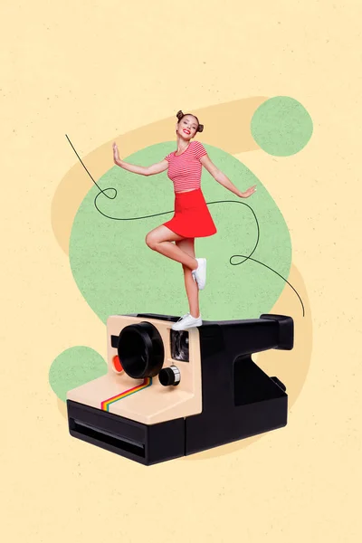 Vertical Collage Image Excited Mini Girl Stand Huge Photo Camera — Stock Photo, Image