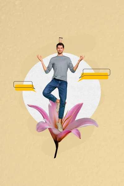 Vertikale Collage Bild Von Mini Ruhigen Positiven Kerl Stehen Riesige — Stockfoto