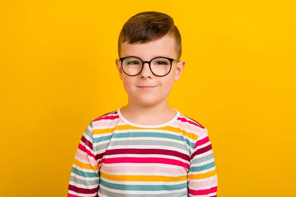 stock image Photo of clever intelligent little man wear eyewear learn homework lesson subject isolated on yellow color background.