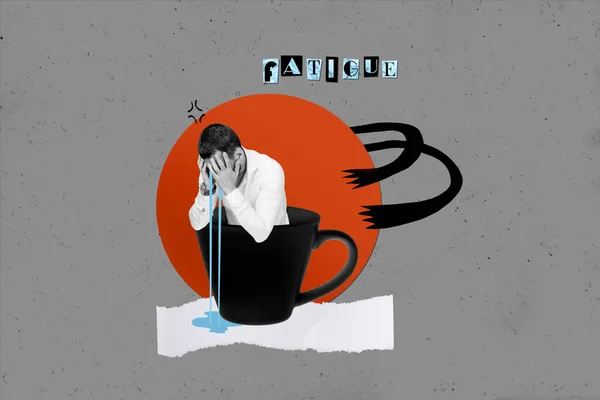 Photo Collage Artwork Minimal Picture Crying Depressed Guy Sitting Coffee — Stock Photo, Image